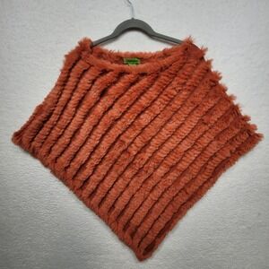 Chameleon Womens Real Rabbit Fur Knit Poncho Rust Orange Wool Blend S/M